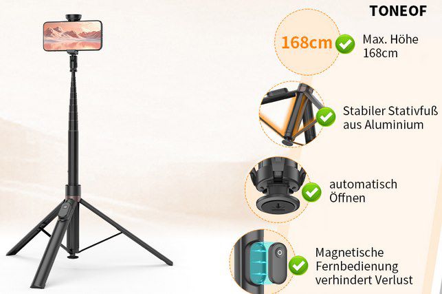 TONEOF automatisches Selfie Stick (bis 168cm) & Stativ für 9,79€ (statt 30€)