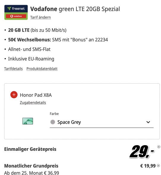 Eff. Gratis 🤑 Honor 200 Pro + Pad X8A + Vodafone Allnet 20GB für 19,99€ mtl. + 50€ Bonus