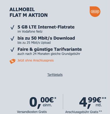 Für Wenig Surfer 🔥 Vodafone Allnet 5GB LTE für eff. 2,49€ mtl. dank 60€ Cashback