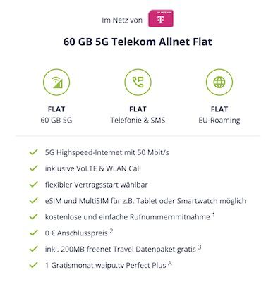 KRASS 🔥🤯 Telekom Allnet Flat mit 60GB inkl. 5G für 14,99€ mtl.