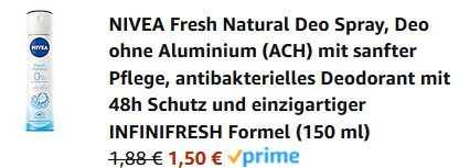 Nivea Fresh Natural Deo Spray mit Meeresextrakten, 150 ml ab 1,50€ (statt 2,65€)