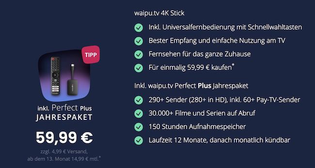 120€ gespart 🔥 waipu.tv 4K Stick für 59,99€ + 12 Monate Perfect Plus inkl. Pay TV GRATIS (statt 180€)