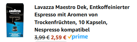 ☕Lavazza Maestro Dek entkoffeinierter Espresso 10 Nespresso Kapseln für 2,59€ (statt 4€)