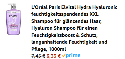 🧴 1 Liter LOréal Paris Elvital Hydra Hyaluronic Shampoo ab 6,33€ (statt 12€)