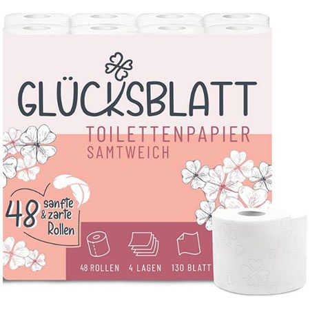 🧻 48 Rollen Glücksblatt Samtweich Toilettenpapier, 4-lagig für 16,99€ (statt 27€)