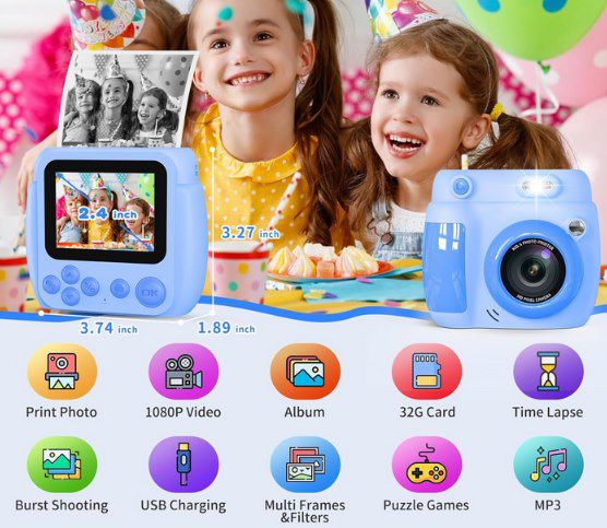 Gofunly Kinder Sofortbildkamera mit 2,4″ Display + 32GB Karte für 18,39€ (statt 37€)