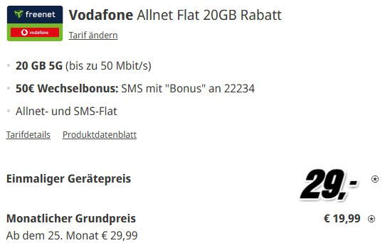 Samsung Galaxy S24 für 29€ + Vodafone Allnet 20GB für 19,99€ mtl. + 50€ Bonus