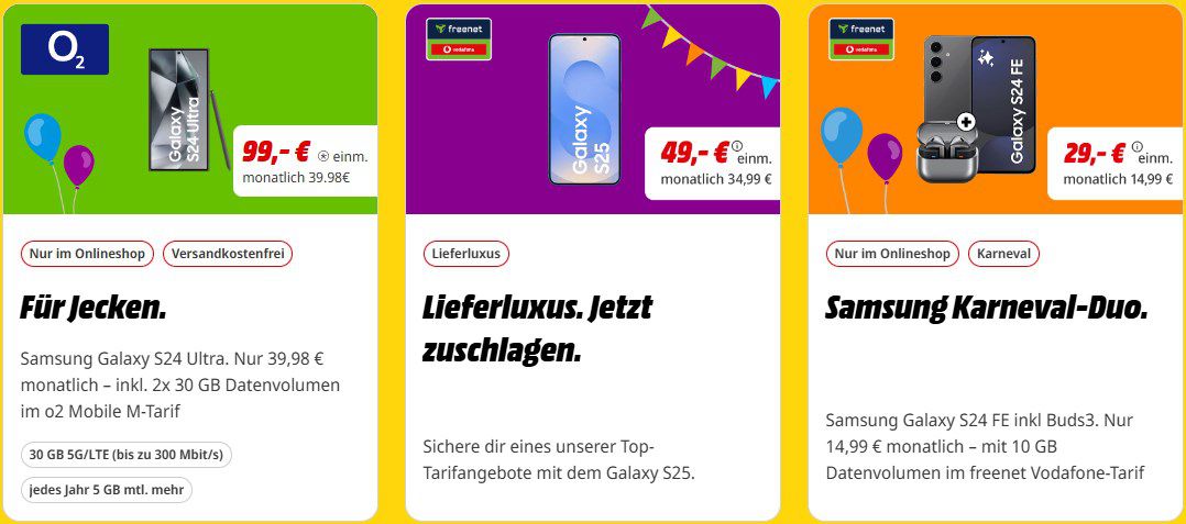 Karnevaldeals bei Mediamarkt Apple, Samsung, Honor, etc.