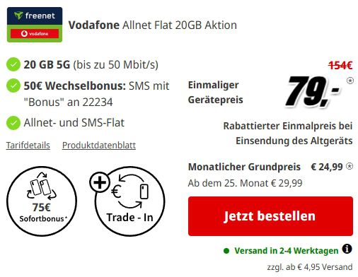 Samsung Galaxy S25 für 79€ + Vodafone Allnet 20GB für 24,99€ + 50€ Bonus