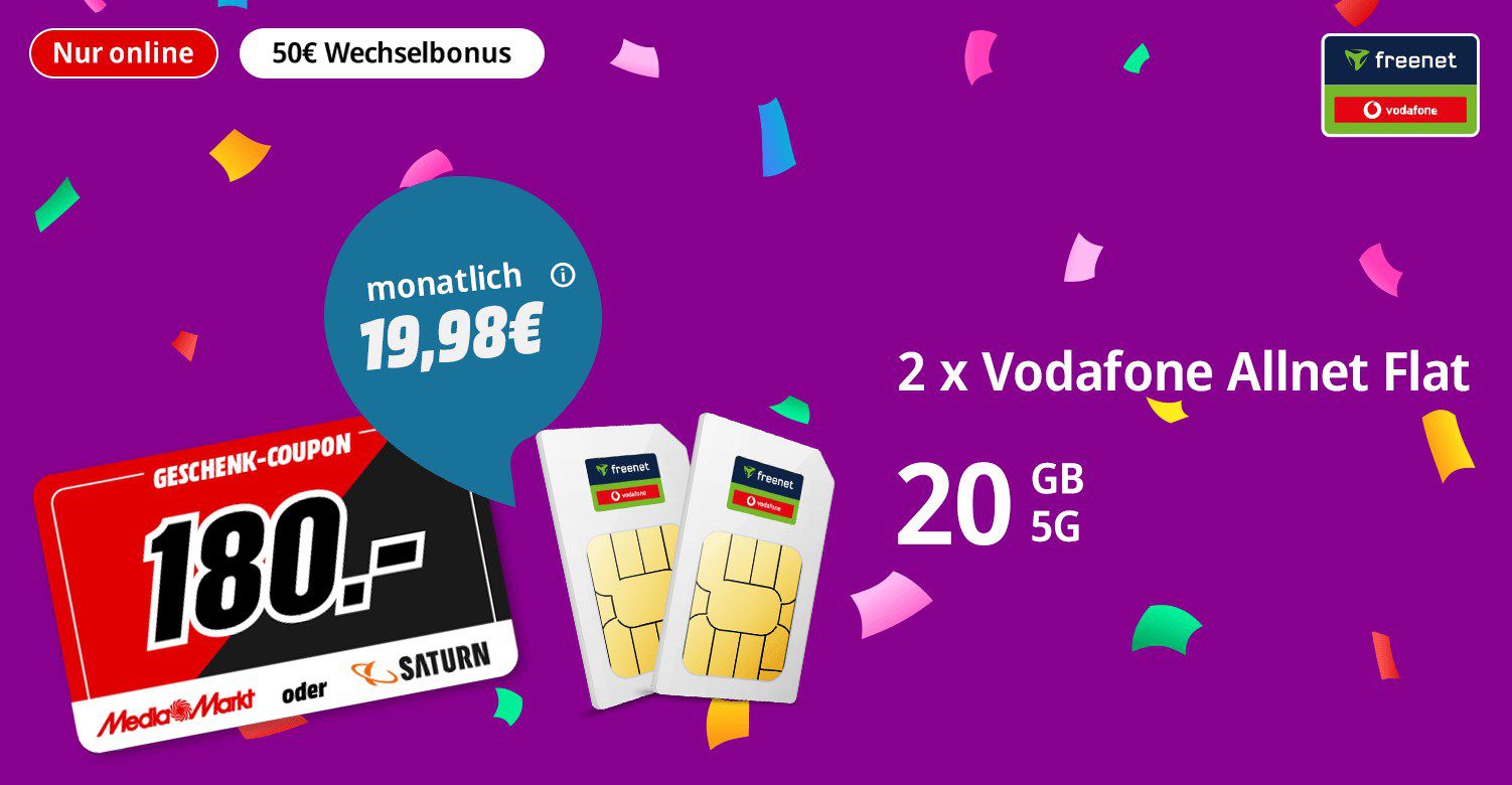 Vodafone Doppelkartenaktion 2x Allnet 20GB LTE für 19,98€ mtl. + 180€ Gutschein