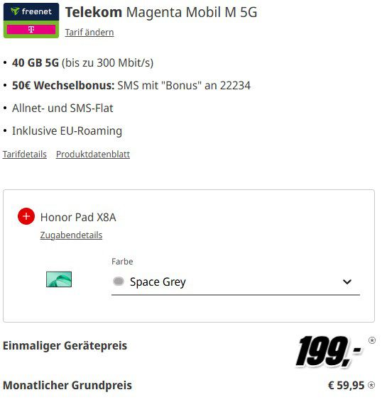 eff. Gewinn! Honor Magic V3 + Pad X8A für 199€ + Telekom 40GB 5G/Flat für 59,95€ + 50€ Bonus