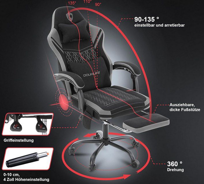 Douxlife Gaming Stuhl mit Taschenfedern & Massagekissen für 110,49€ (statt 170€)