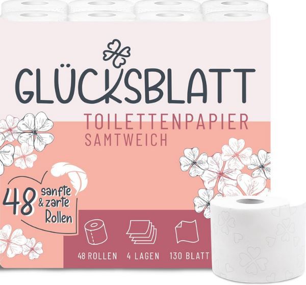 🧻 48 Rollen Glücksblatt Samtweich Toilettenpapier, 4 lagig für 16,99€ (statt 27€)