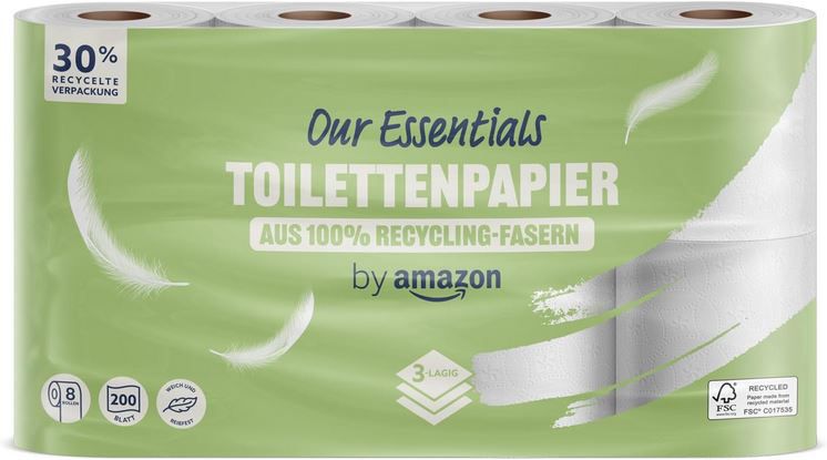 🧻 4 x 8 Rollen by Amazon ECO Toilettenpapier, 3 lagig ab 8,82€ (statt 12€)