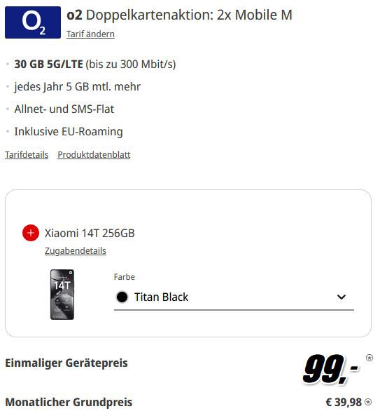 📱 2x Xiaomi 14T (512GB) für 99€ + 2x o2 Allnet 5G 30GB für 39,98€ mtl.