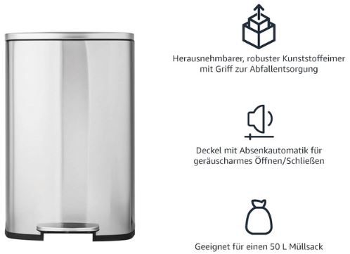 🗑️ Amazon Basics Edelstahl Mülleimer mit Pedal + 50L für 63,88€ (statt 83€)