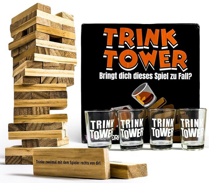 🤪 SPIELFERKEL Trinkspiel – Drunken Tower (DE Version) mit 4 Gläser für 19,99€