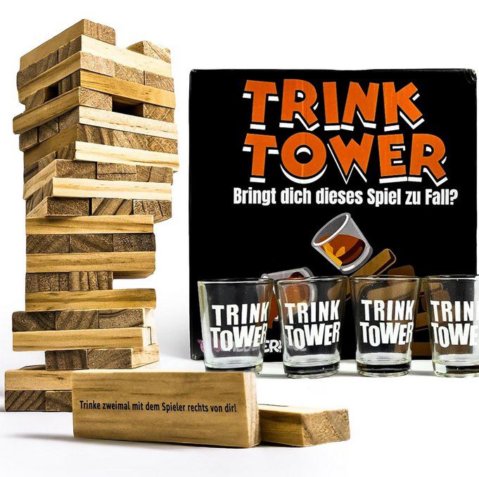 🤪 SPIELFERKEL Trinkspiel – Drunken Tower (DE Version) mit 4 Gläser für 19,99€