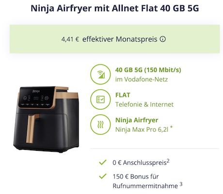 🍗 Ninja Airfryer für 39,99€ + 📱 Vodafone Allnet 40GB 5G für nur 14,99€ mtl. + 150€ Bonus