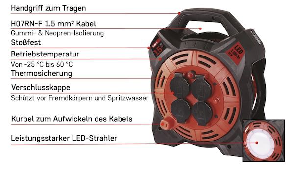 🔥 EMOS P08215 Kabeltrommel (15 m) mit 4 Schuko & LED Strahler für 35,94€ (statt 75€)