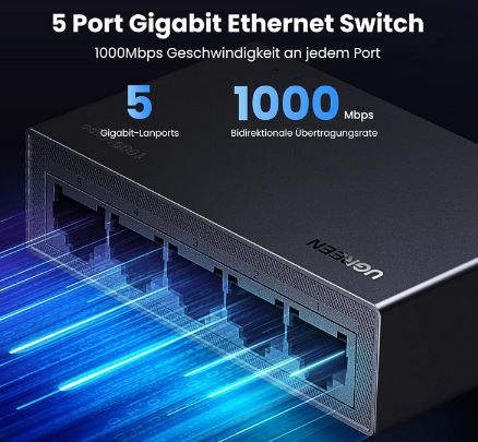 💻 UGREEN 5 Port LAN Gigabit Switch für 9,99€ (statt 14€)