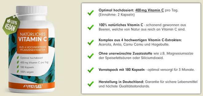 💊 180er Pack Pro Fuel Natürliches Vitamin C Kapseln mit 400mg ab 9,52€ (statt 17€)