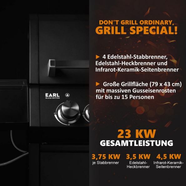 🥩 Burnhard Big Earl Black 4 Brenner Gasgrill inkl. Heckbrenner für 1.274€ (statt 1.599€)