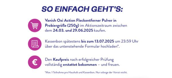 Vanish Oxi Action Fleckentferner gratis ausprobieren   ab 24.03.