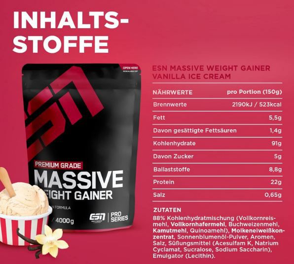 💪🏻 4 Kg (!) ESN Massive Weight Gainer Vanilla Ice Cream ab 40,27€ (statt 50€)