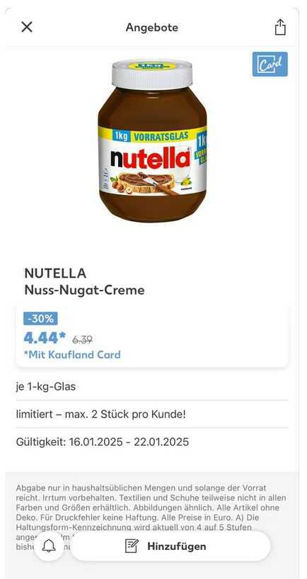 [Kaufland] mit K Card   ab Do., 16.1., Nutella Nuss Nugat Creme / 1kg Vorratsglas