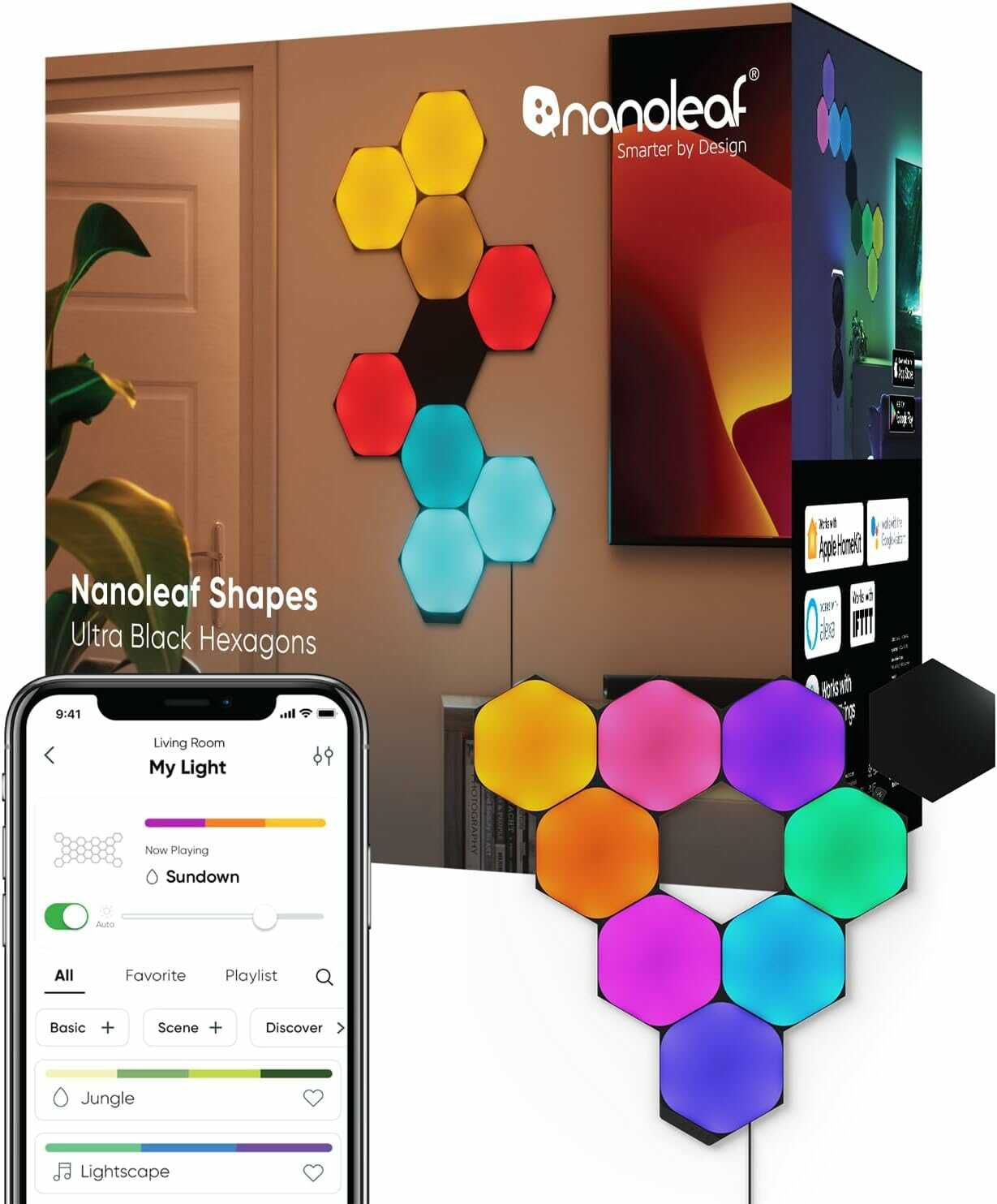 Nanoleaf Shapes Ultra Black Hexagon Starter Kit, 9 Smarten LED Panels RGBW für 127,99€ PVG 172,39€ 