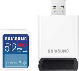 Samsung PRO Plus SDXC Speicherkarte 512GB + USB Adapter für 36,30€ statt 47,08€