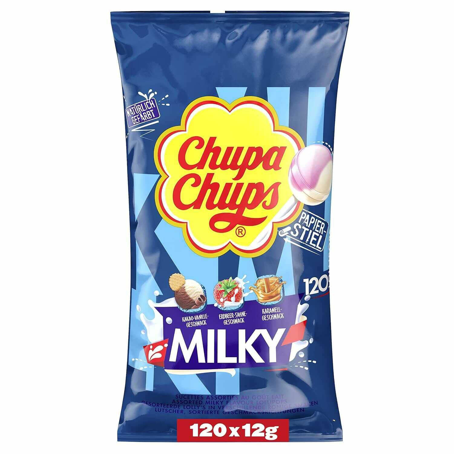 Chupa Chups Milky Lutscher Beutel, mit 120 Lollis in 3 cremigen Geschmacksrichtungen 8,98€ statt  14,97€