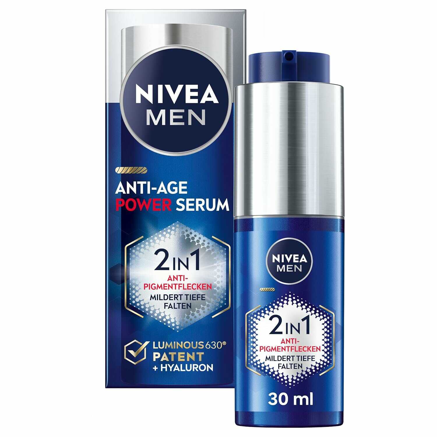 2x NIVEA MEN Anti Age 2in1 Power Serum, mit Hyaluron für Anti Aging Effekt (30 ml)