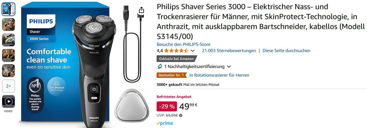 Amazon   Philips Shaver Series 3000 – Elektrischer Nass  und Trockenrasierer für Männer