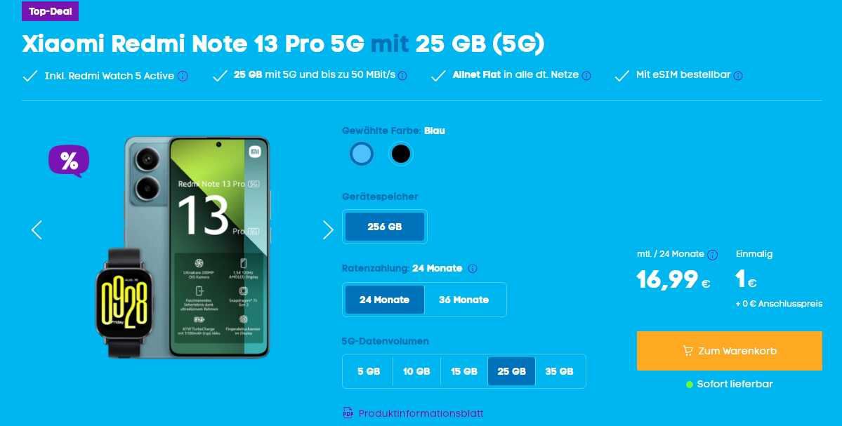 Xiaomi Redmi Note 13 Pro 5G mit Tarif Blau Allnet L (mit 25 GB 5G)