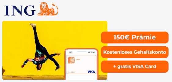 Jetzt mit 150€ Prämie!  ING Bank: Kostenloses Girokonto + 3,3% p.a. auf Tagesgeld