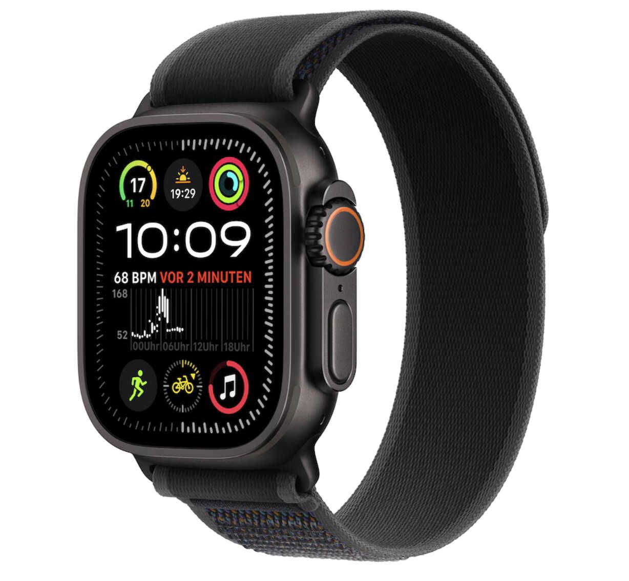 Apple Watch Ultra 2 LTE 49mm schwarzes Titan Gehäuse mit schwarzem Trail Armband für 785,99€ statt 827,99€