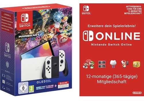 Nintendo Switch OLED (weiß) + Mario Kart 8 Deluxe + 12 Monate Switch Online für 314,91€ statt 334,99€