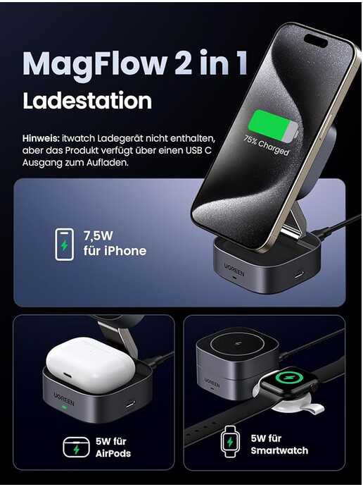 UGREEN MagFlow 2 in 1 iPhone Ladestation kompatibel mit MagSafe faltbares Wireless Charger