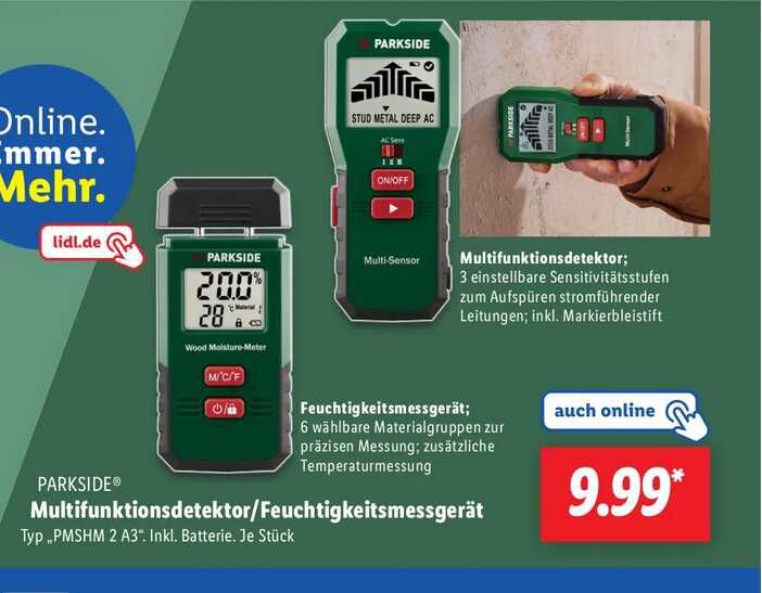 Lidl PARKSIDE Multifunktionsdetektor / Feuchtigkeitsmessgerät PMSHM2 A3 9,99€ statt  12,99€