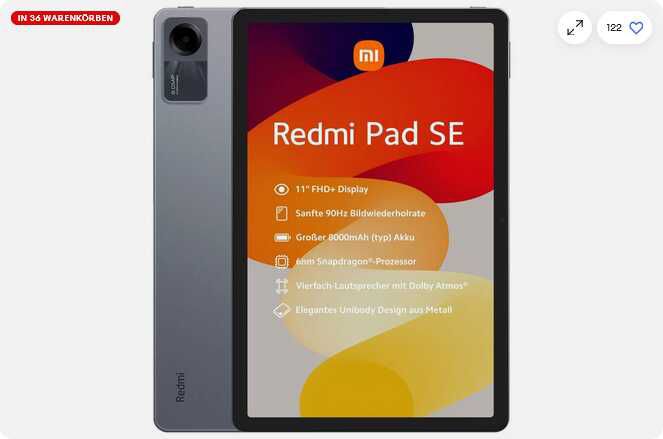 XIAOMI Redmi Pad SE, Tablet, 4GB / 128 GB, 11 Zoll 116,10€ statt  129€