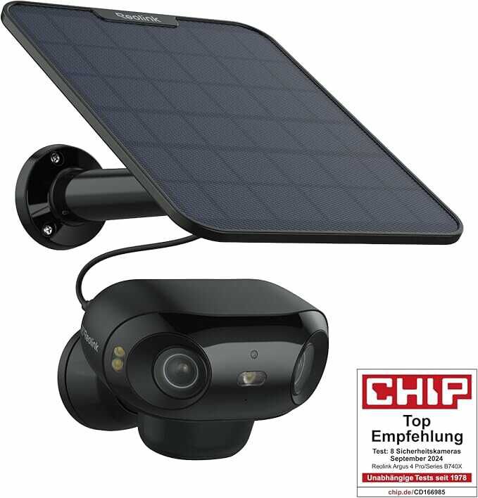 Reolink 4K Solar Überwachungskamera Aussen Akku, ColorX Nachtsicht, 180° Weitwinkel, 8MP Drahtlose WLAN IP Kamera, 2.4/5GHz Wi Fi 6, KI Erkennung, Zeitraffer, Argus 4 Pro (Schwarz) + 6W Solarpanel