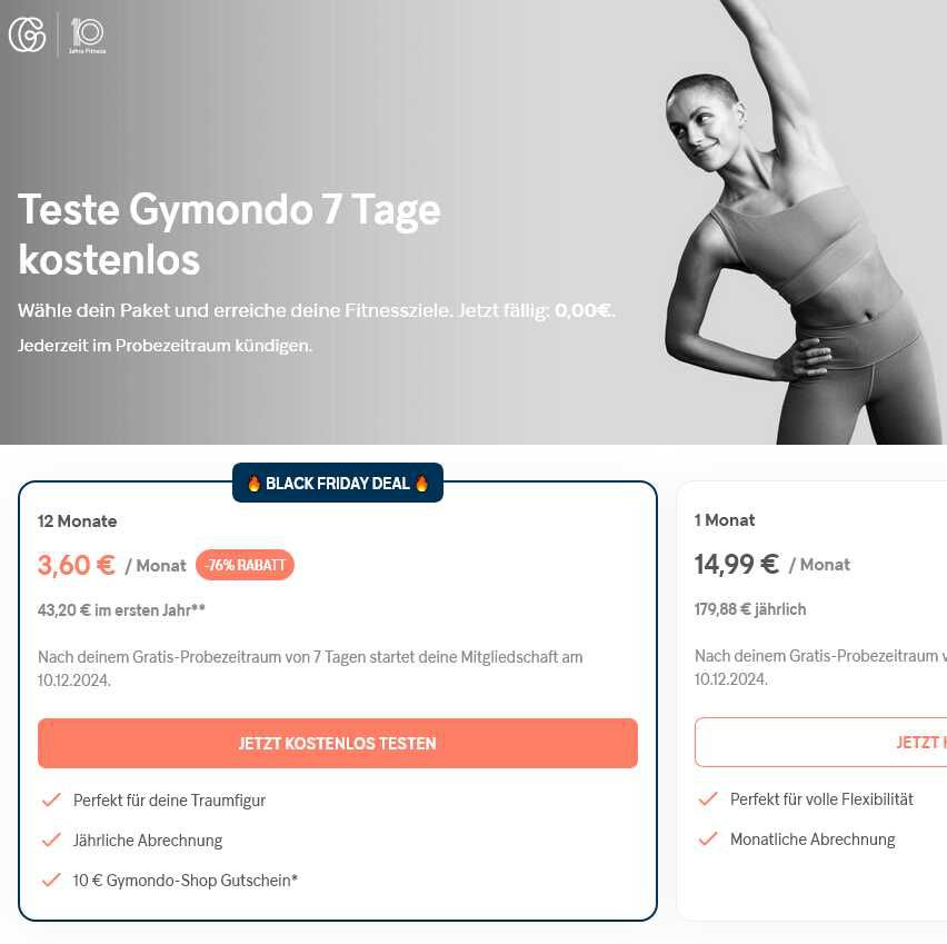 Gymondo Jahresabo für 3,60 €/Monat (insgesamt 43,20 €) statt  90€