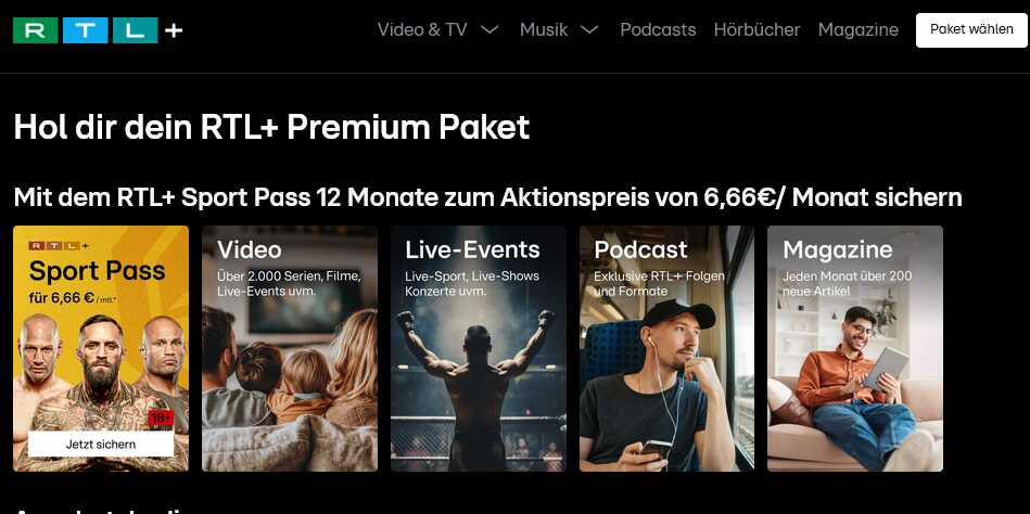 RTL+ Premium Jahresabo Sport Pass 12 Monate 79,92€ statt  107,88€