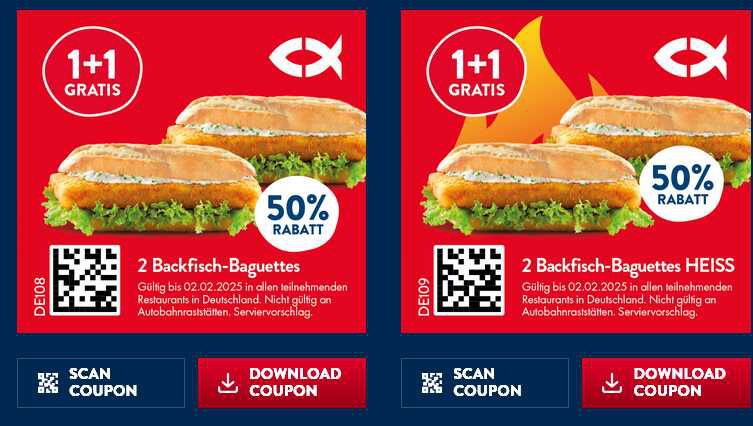 [Nordsee] Coupons bis 02.02.2025 – z. B. 2:1 auf Backfisch Baguette