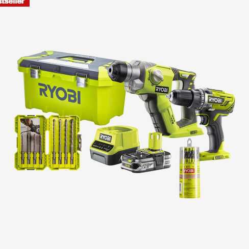 RYOBI SET Akku Kombihammer und Bohrschrauber R18DDSDS 125T mit Akku und Ladegerät + Gratis 2x 4.0A 199,99€ statt 299,99€