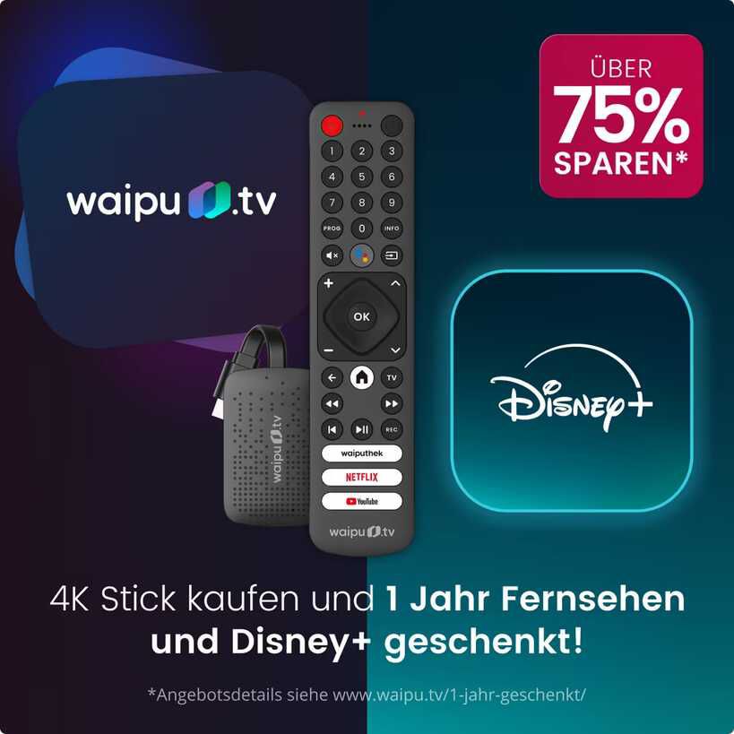 waipu.tv: 1 Jahr Waipu Perfect Plus mit 4K Stick für einmalig 59,99€ + 4,99€ VSK 64,98€ statt  136,86€