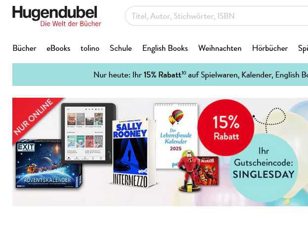 HUGENDUBEL: Nur heute: Ihr 15% Rabatt10 auf Spielwaren, Kalender, English Books & mehr