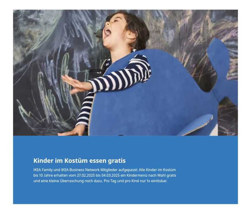 IKEA Family: Kindergericht gratis und Überraschung für alle kostümierten Kids (27.02. 04.03.25)